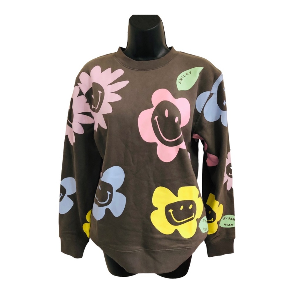 BSR by Samii Ryan dark gray sunflower smiley faces‎ pullover sweatshirt size XS - Picture 15 of 16